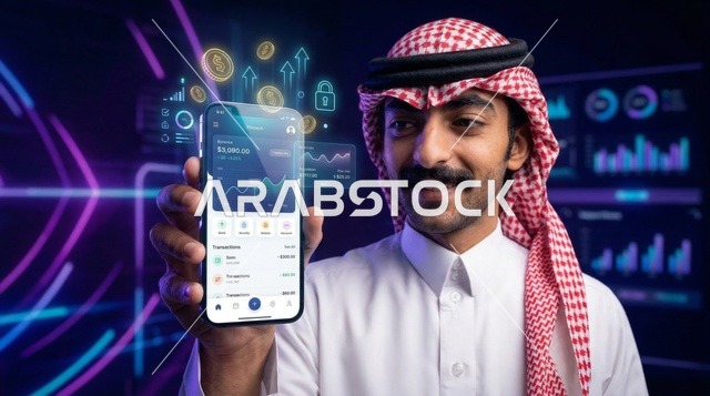 رجل سعودي يرتدي الشماغ ويمسك هاتف يعرض تطبيق تداول مالي