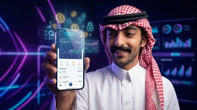 Saudi Man Holding Smartphone with Financial Trading App