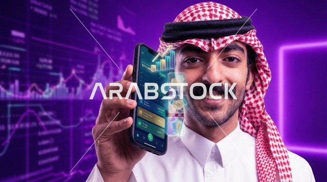 رجل سعودي يستخدم تطبيق التداول المالي على الهاتف