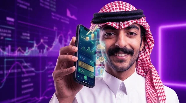 رجل سعودي يستخدم تطبيق التداول المالي على الهاتف