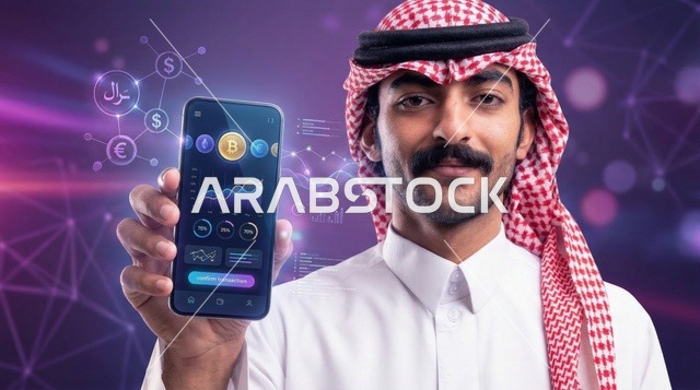 رجل سعودي يحمل هاتف ذكي مع تطبيق العملات الرقمية