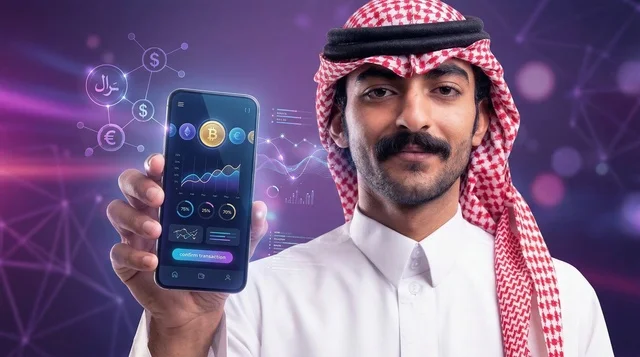 رجل سعودي يحمل هاتف ذكي مع تطبيق العملات الرقمية