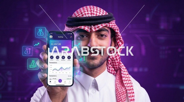 رجل سعودي يحمل هاتفاً ذكياً يعرض تطبيقاً مصرفياً