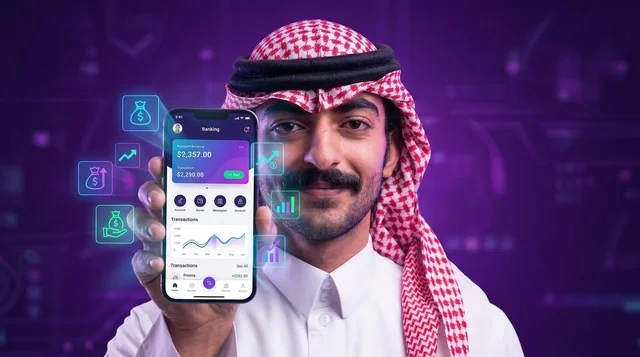 Saudi Man Holding Mobile Banking App on Smartphone