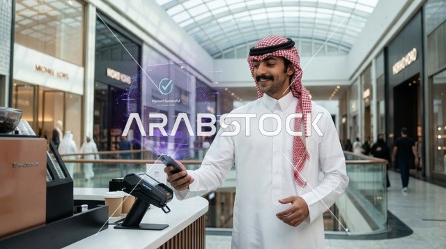 Saudi Man Making Contactless Payment in Modern Mall