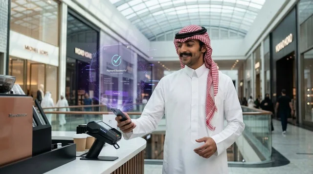 رجل سعودي يجري دفعاً لا تلامسياً بالهاتف في مول تجاري