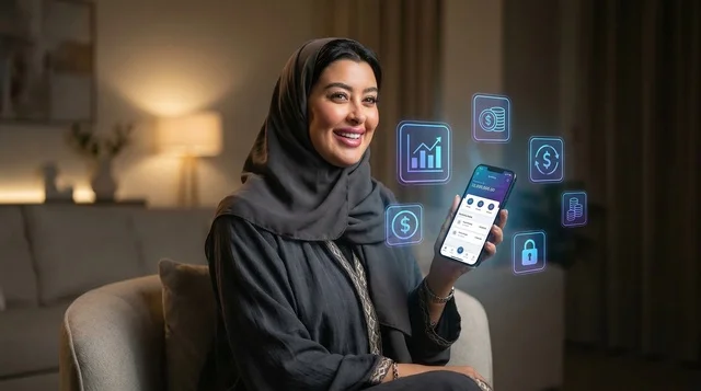 امرأة سعودية تستخدم تطبيق الخدمات المصرفية الرقمية في المنزل