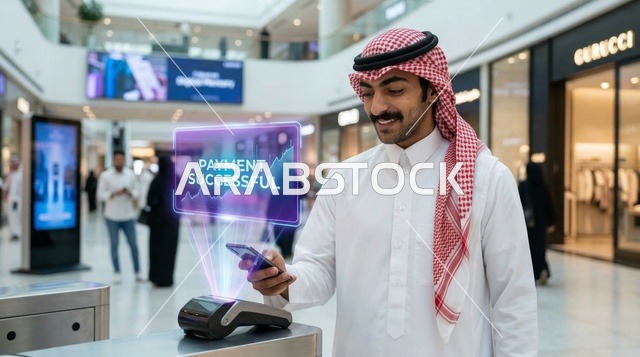 رجل سعودي يقوم بعملية الدفع الرقمي في مركز تسوق