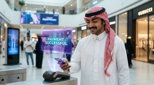 رجل سعودي يقوم بعملية الدفع الرقمي في مركز تسوق