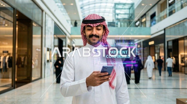 رجل سعودي يقوم بعملية الدفع الرقمي في مركز تسوق