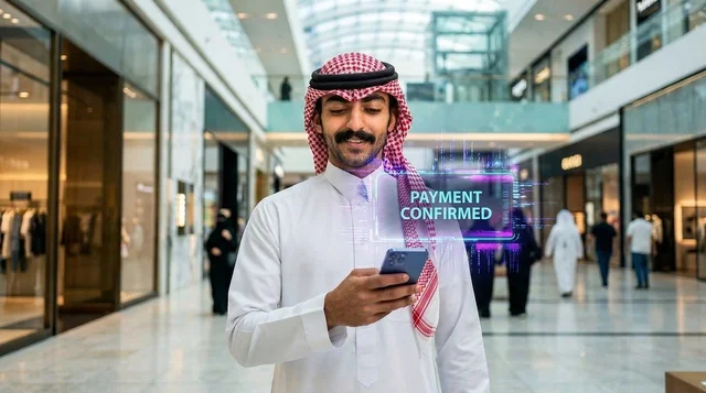 رجل سعودي يقوم بعملية الدفع الرقمي في مركز تسوق