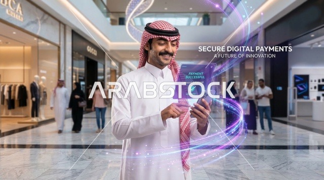 رجل سعودي يقوم بعملية دفع رقمي آمنة داخل مركز تسوق