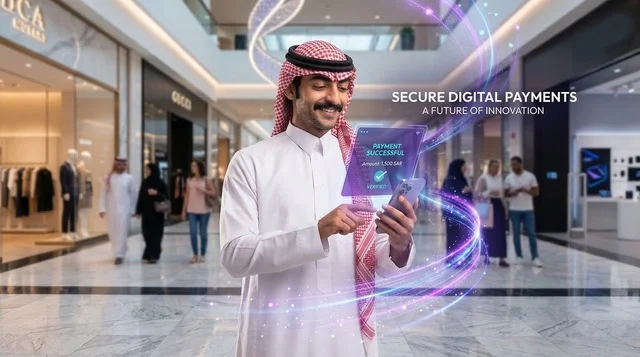 رجل سعودي يقوم بعملية دفع رقمي آمنة داخل مركز تسوق