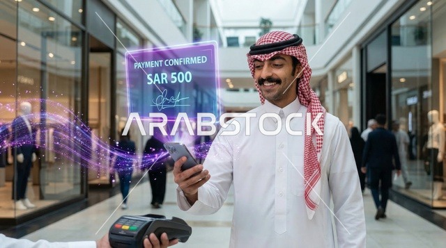 رجل سعودي يجري عملية دفع بالهاتف داخل مركز تجاري