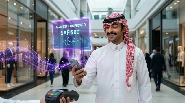 رجل سعودي يجري عملية دفع بالهاتف داخل مركز تجاري