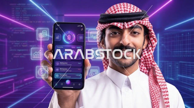 رجل سعودي يحمل هاتفاً ذكياً يعرض تطبيقاً مالياً