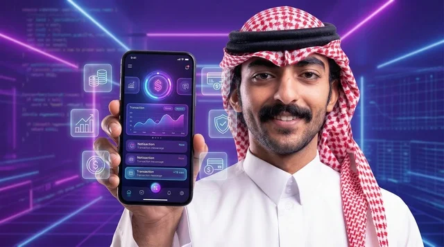 رجل سعودي يحمل هاتفاً ذكياً يعرض تطبيقاً مالياً