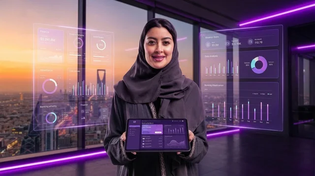 Saudi Businesswoman in Riyadh Office holding Tablet