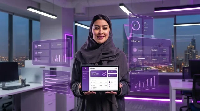 سيدة أعمال سعودية تحمل جهاز لوحي مع رسوم هولوغرام مالية