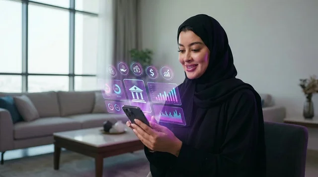 A Saudi woman uses a digital banking services application.