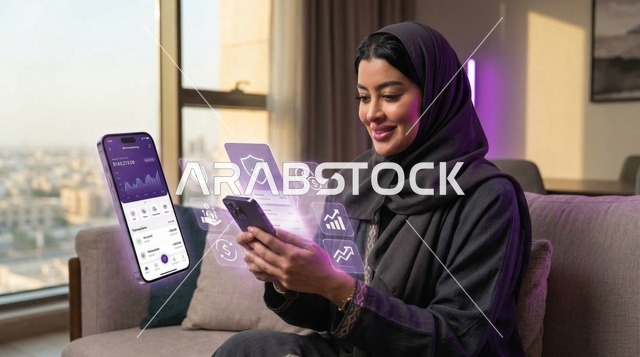 امرأة سعودية تستخدم تطبيق الخدمات المصرفية الرقمية