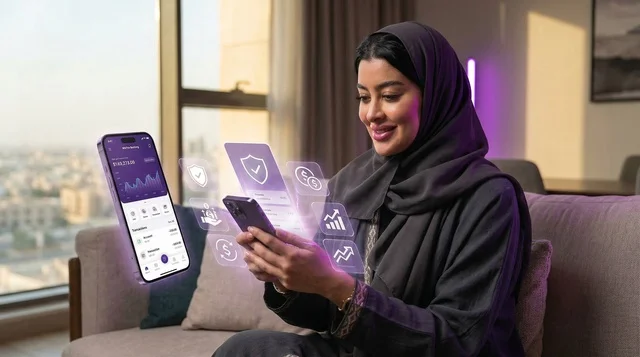 Saudi Woman Using Mobile Fintech App with Holograms