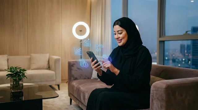 امرأة إماراتية تستخدم هاتف ذكي مع هولوغرام مالي