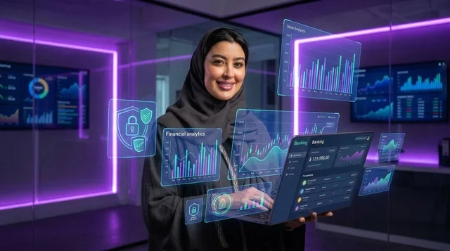 سيدة أعمال سعودية تستخدم الكمبيوتر مع هولوغرام مالي