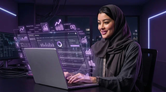 سيدة أعمال سعودية تستخدم كمبيوتر محمول بشاشة هولوغرام