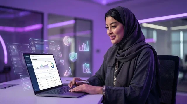 Saudi Businesswoman Working with Holograms on Laptop