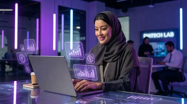 سيدة أعمال سعودية تستخدم الكمبيوتر في مختبر مالي