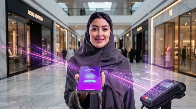 امرأة إماراتية تجري عملية دفع لا تلامسي في المول