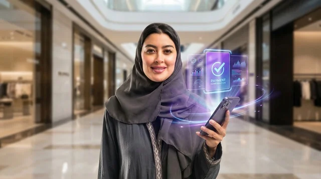 امرأة سعودية تستخدم تطبيق الخدمات المصرفية الرقمية