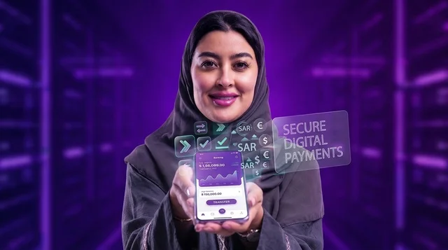 امرأة سعودية تحمل هاتفاً ذكياً مع تطبيق دفع رقمي آمن