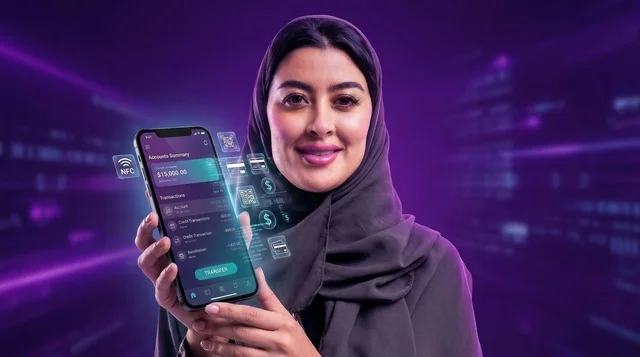 امرأة سعودية تستخدم تطبيق الخدمات المصرفية الرقمية