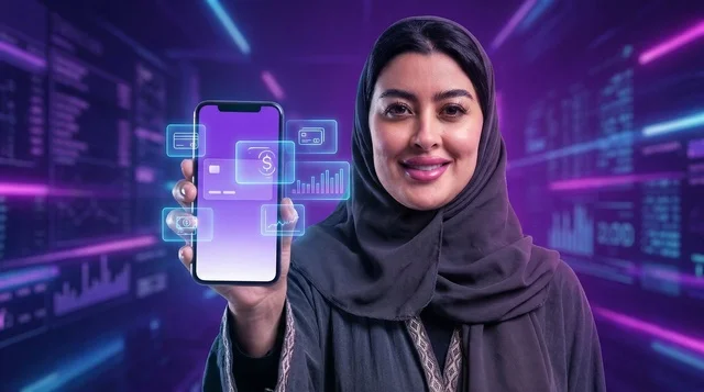 Saudi Woman Holding Smartphone with Fintech Digital Wallet
