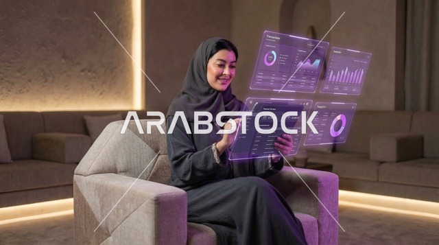 امرأة عربية بالعباءة تستخدم شاشة هولوغرام ذكية