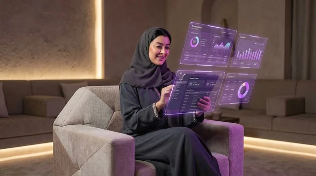Arab Woman Using Hologram Tech Screen in Black Abaya