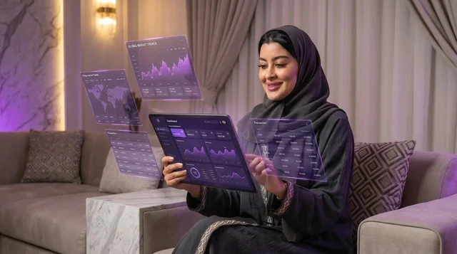 امرأة سعودية تستخدم تقنية الهولوغرام والبيانات الرقمية امرأة سعودية تستخدم تقنية الهولوغرام والبيانات الرقمية