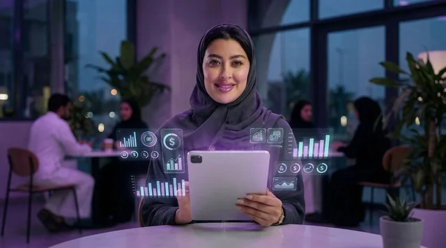 سيدة أعمال سعودية مع جهاز لوحي ورسوم بيانية مضيئة