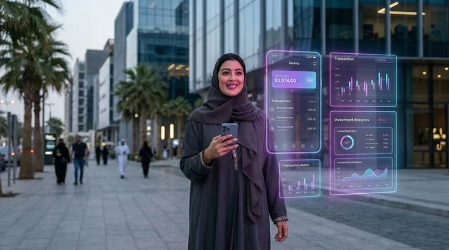 امرأة سعودية تستخدم الهولوغرام المالي في مدينة حديثة