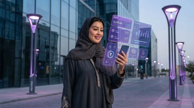 امرأة سعودية تستخدم تطبيق الخدمات المصرفية الرقمية