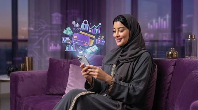 امرأة سعودية تستخدم هاتف ذكي للخدمات المصرفية