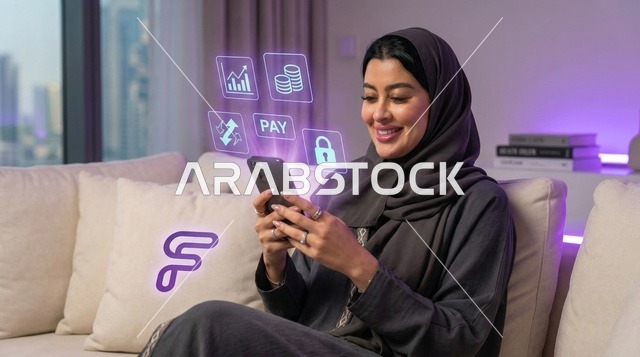 امرأة سعودية تستخدم تطبيق التكنولوجيا المالية بالهاتف