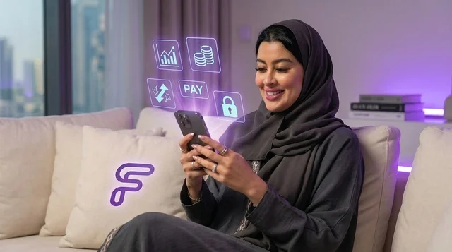 امرأة سعودية تستخدم تطبيق التكنولوجيا المالية بالهاتف