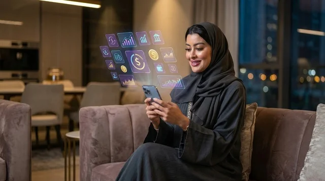 Emirati Woman Using Financial App On Phone At Home