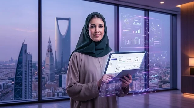 Saudi Businesswoman with Tablet Overlooking Riyadh Skyline