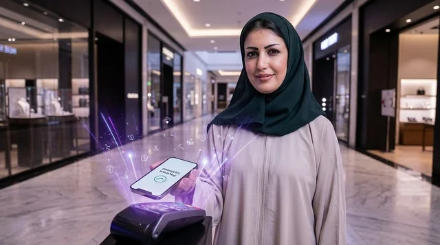 امرأة إماراتية تجري عملية دفع إلكتروني بالهاتف