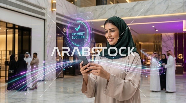 امرأة عربية تستخدم الهاتف الذكي للدفع الرقمي في المول