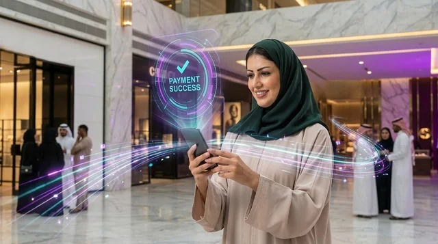 امرأة عربية تستخدم الهاتف الذكي للدفع الرقمي في المول